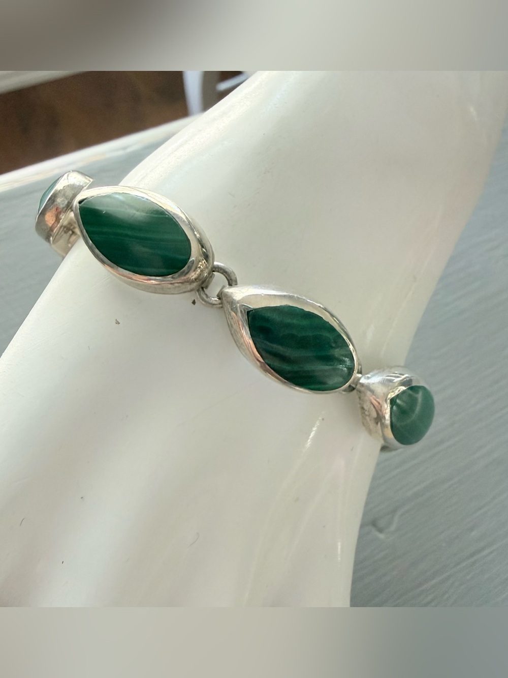 Taxco Mexico Malachite Stone Sterling Silver Chunky Bracelet